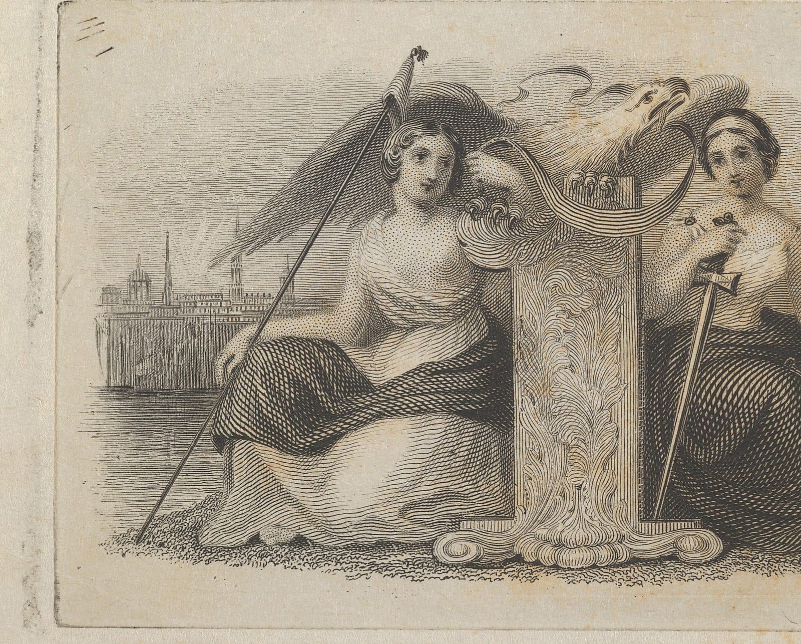 Engraved banknote vignette: allegorical figures seated beside a harbour.