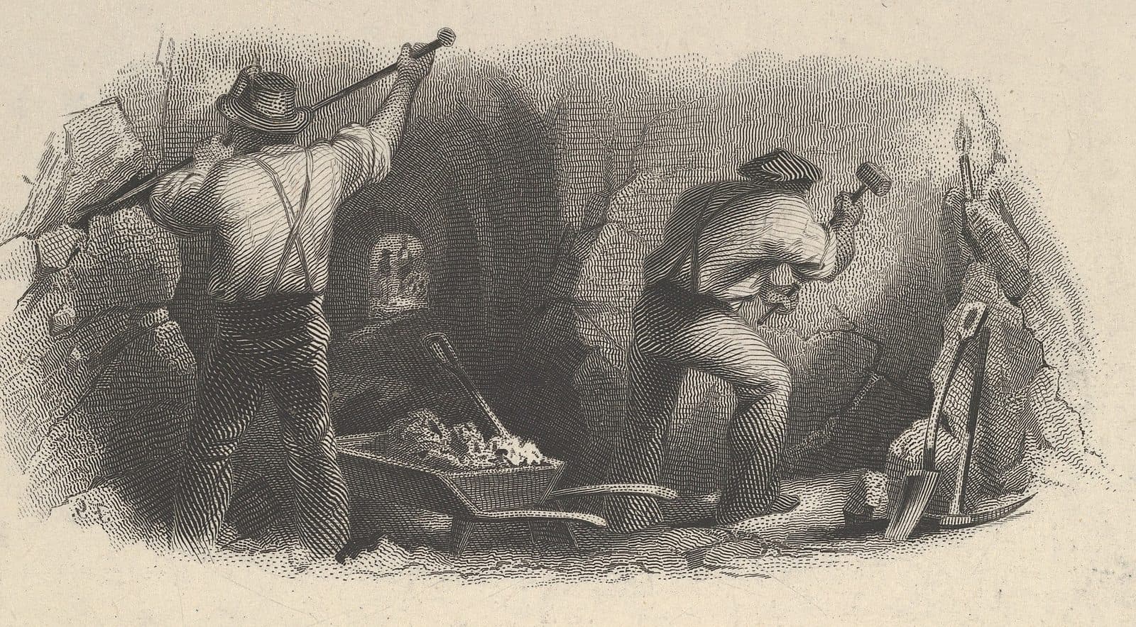 Engraved banknote vignette: two miners working underground by lamplight.