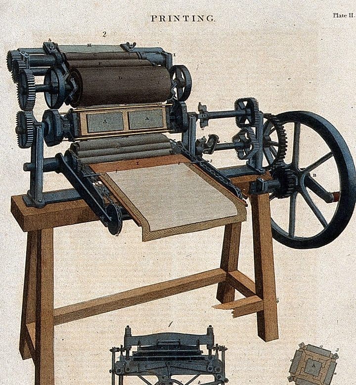 Nineteenth-century engraving of a hand-operated printing press.