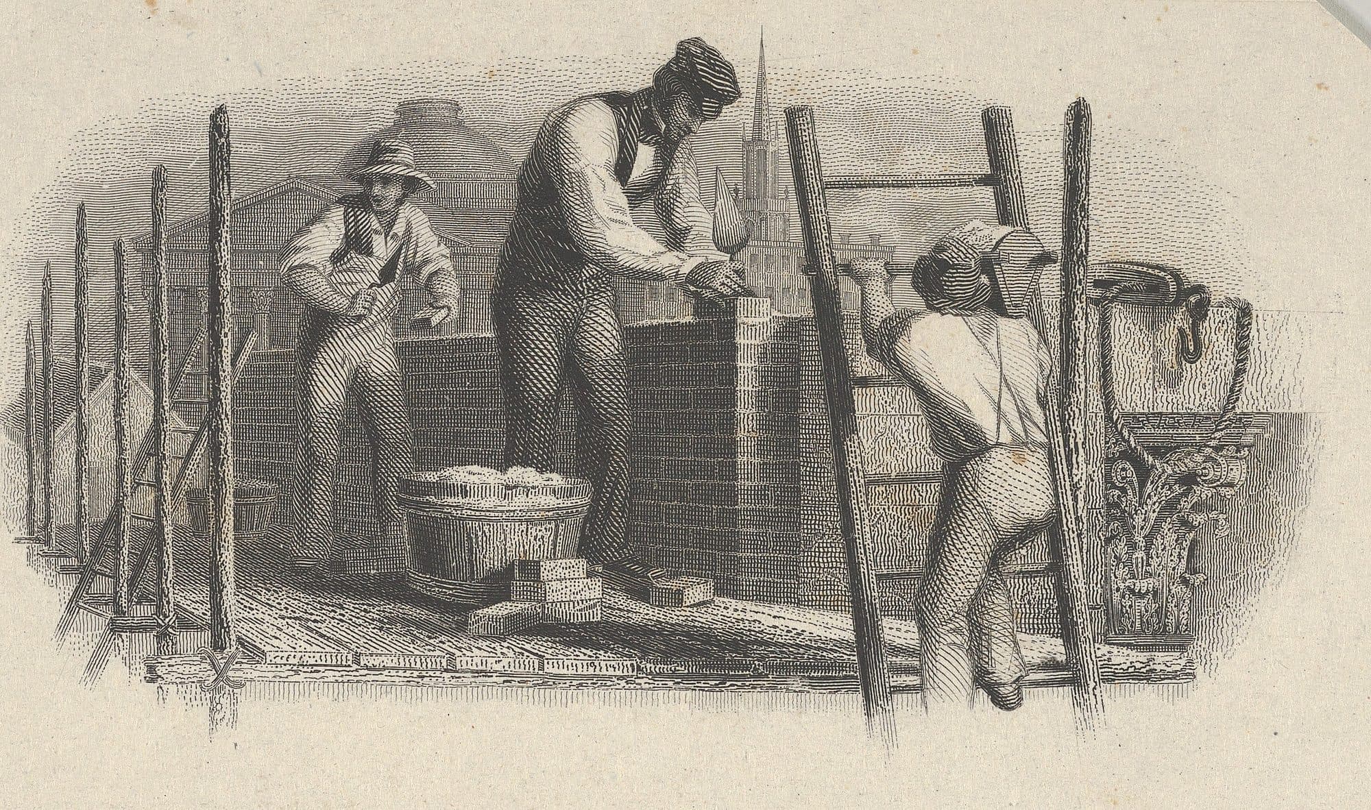 Engraved banknote vignette: three masons building a wall on a scaffold.
